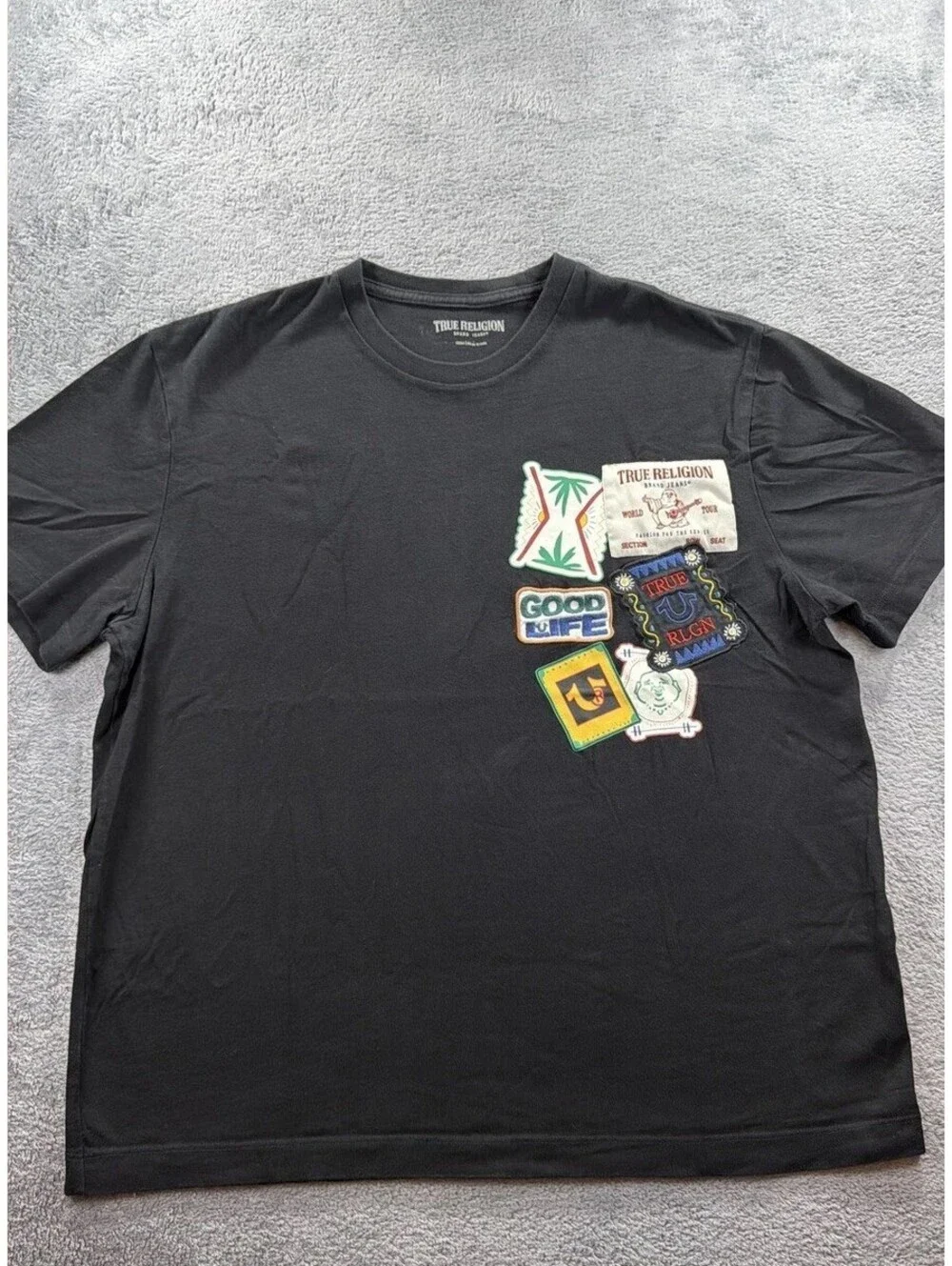 True Religion Men's Black Crew Neck Short Sleeve Multi-Patch Graphic Tee